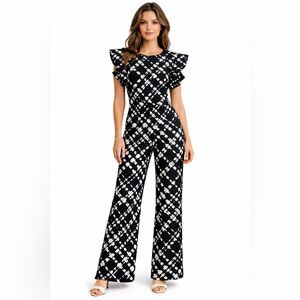 Calvin Klein Black White Ruffle Sleeve Wide Leg Jumpsuit Size 4